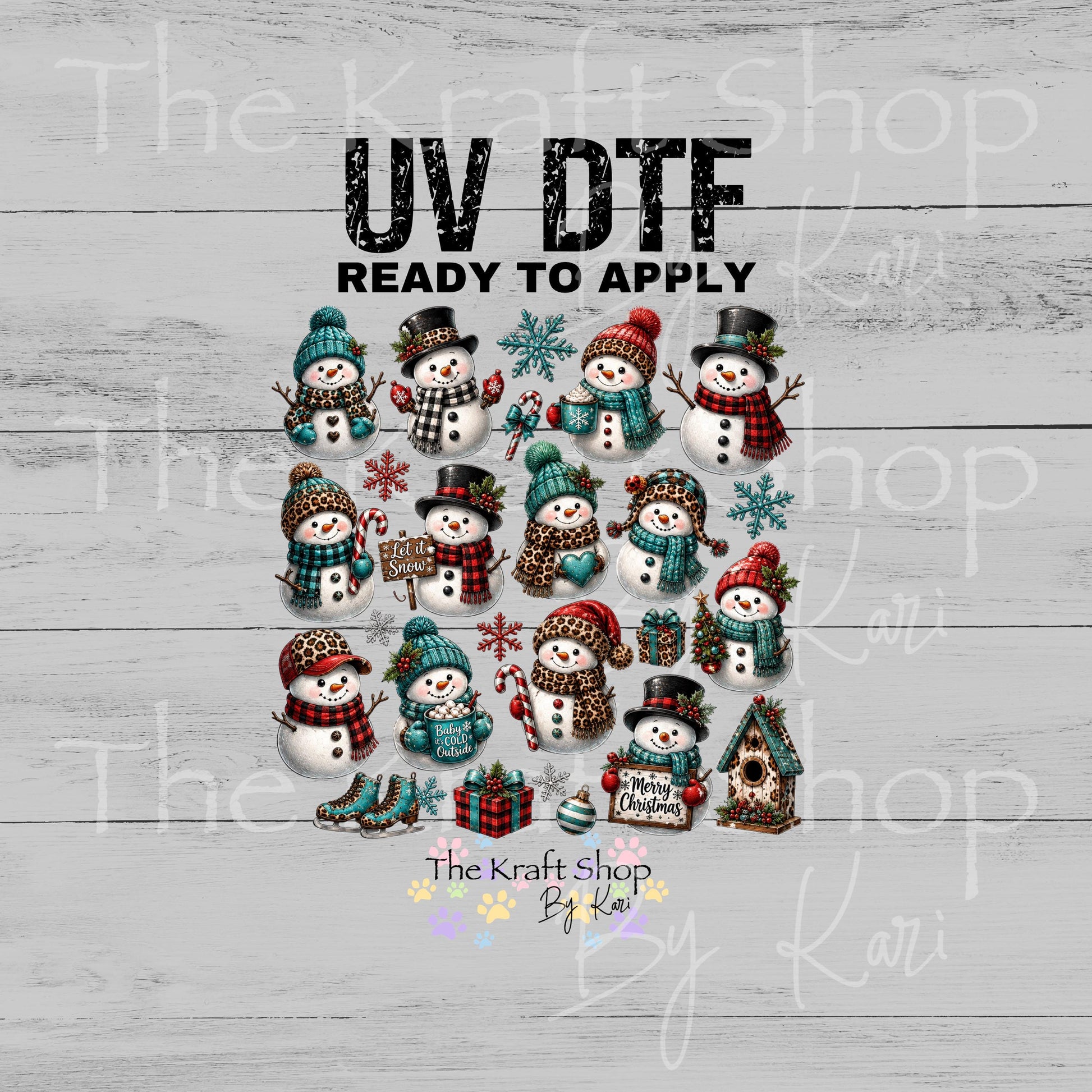 UV DTF Boho Snowman Christmas Elements mixed media bundle of decals sheet 10x10 decal #7759