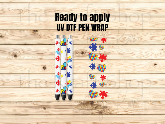 UV DTF Pen Wrap Ready To Apply Sticker Print. Autism Hearts Puzzle 2pk transparent backing Uv Pen wrap. #8048