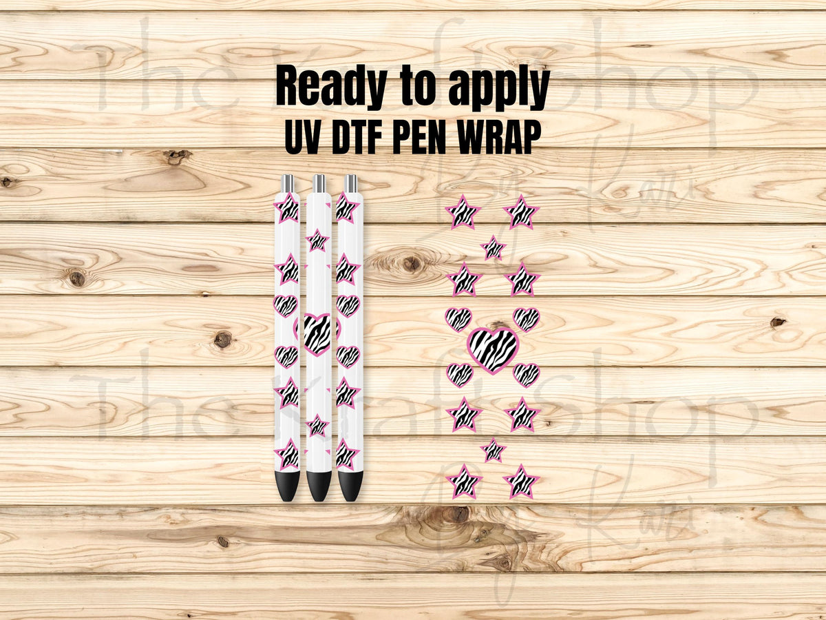 UV DTF Pen Wrap Ready To Apply Sticker Print. Zebra Hearts and Stars with transparent backing Uv Pen wrap. #8051