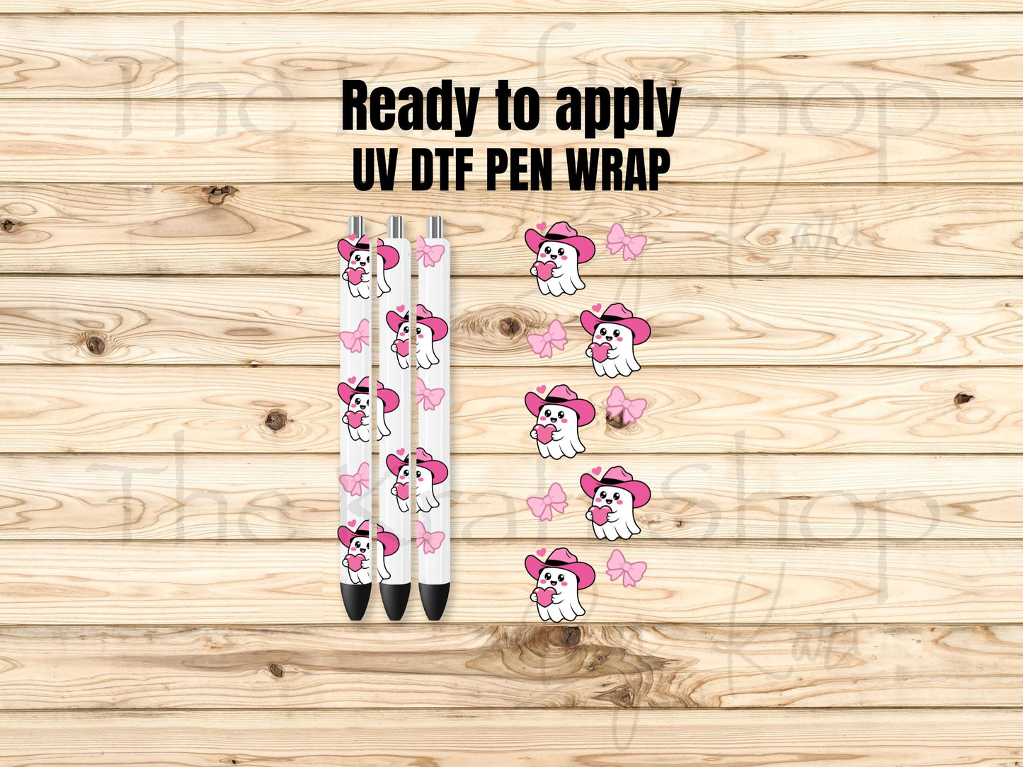 UV DTF Pen Wrap Ready To Apply Sticker Print. Pink Heart Ghost with transparent backing Uv Pen wrap. #8053