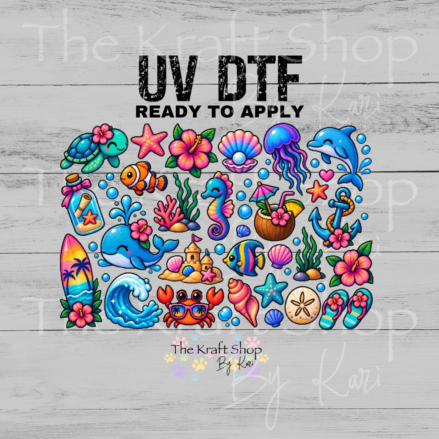 UV DTF Sticker prints. Ocean Pixel element sheet bundle decal, permanent sticker. #10543