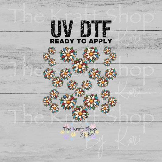 UV DTF Sticker print. Cute Patchwork Daisys element sheet of decals, tumbler decal, permanent sticker. #10556