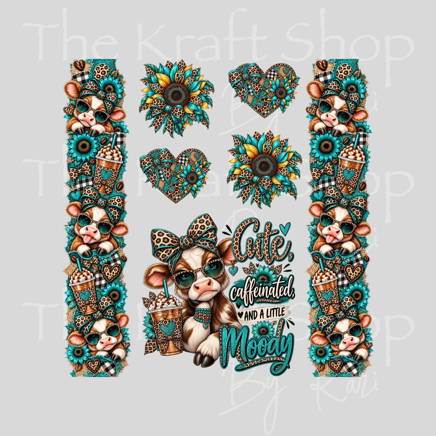 UV DTF Sticker print Cute Caffeinated Element sheet 8x8 decal, tumbler decal, permanent sticker. #10563