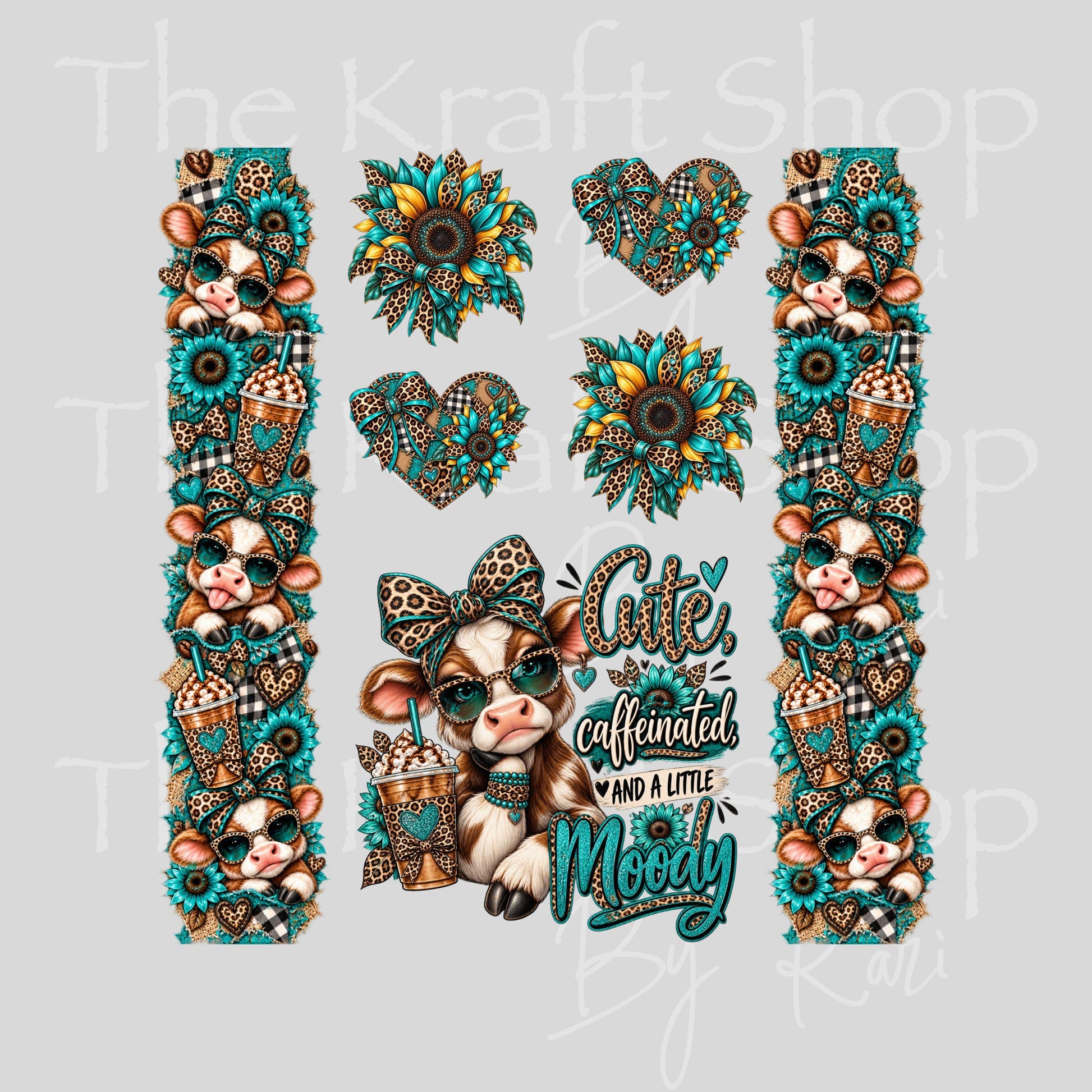 UV DTF Sticker print Cute Caffeinated Element sheet 8x8 decal, tumbler decal, permanent sticker. #10563