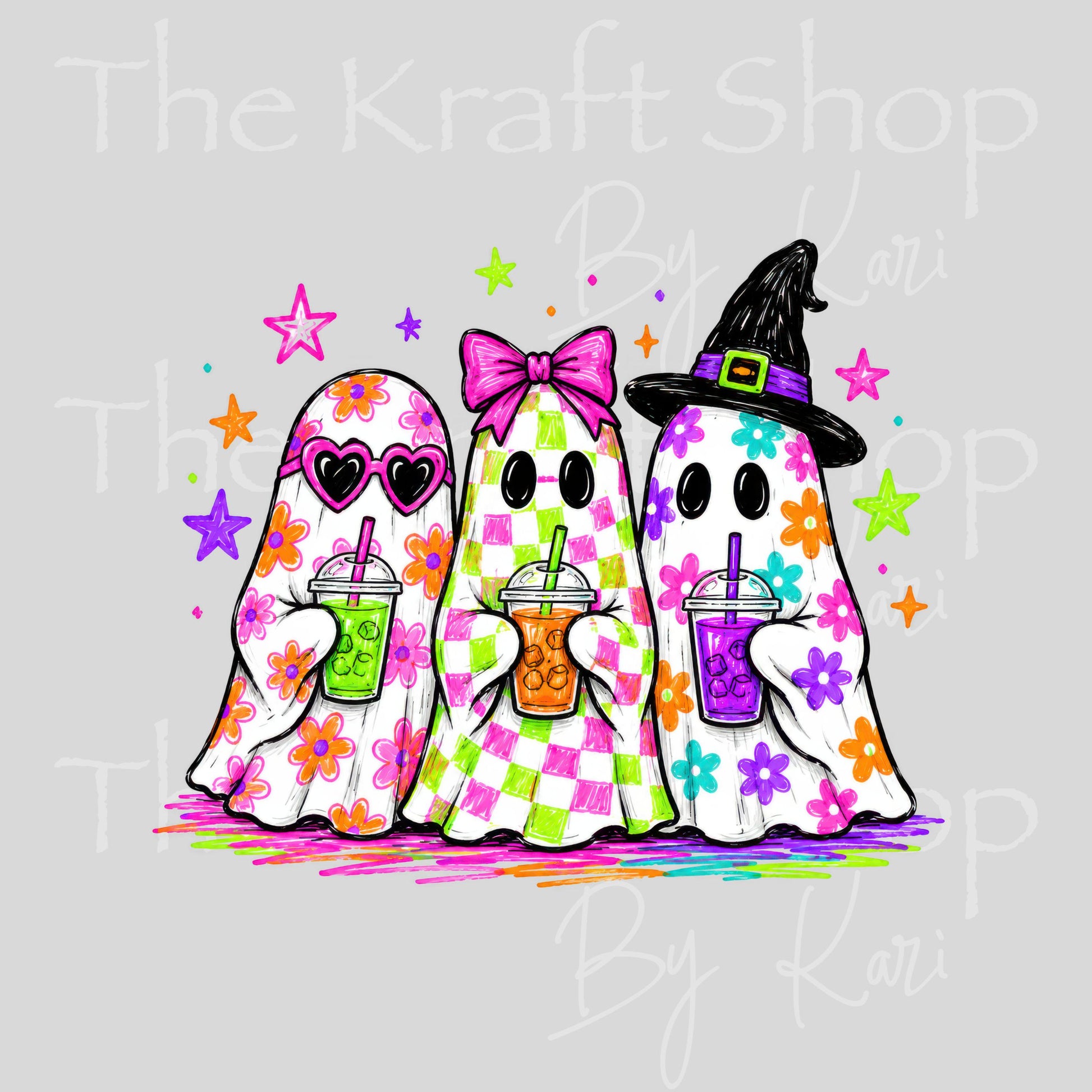 UV DTF Sticker Print. Neon Ghost Trio #7781
