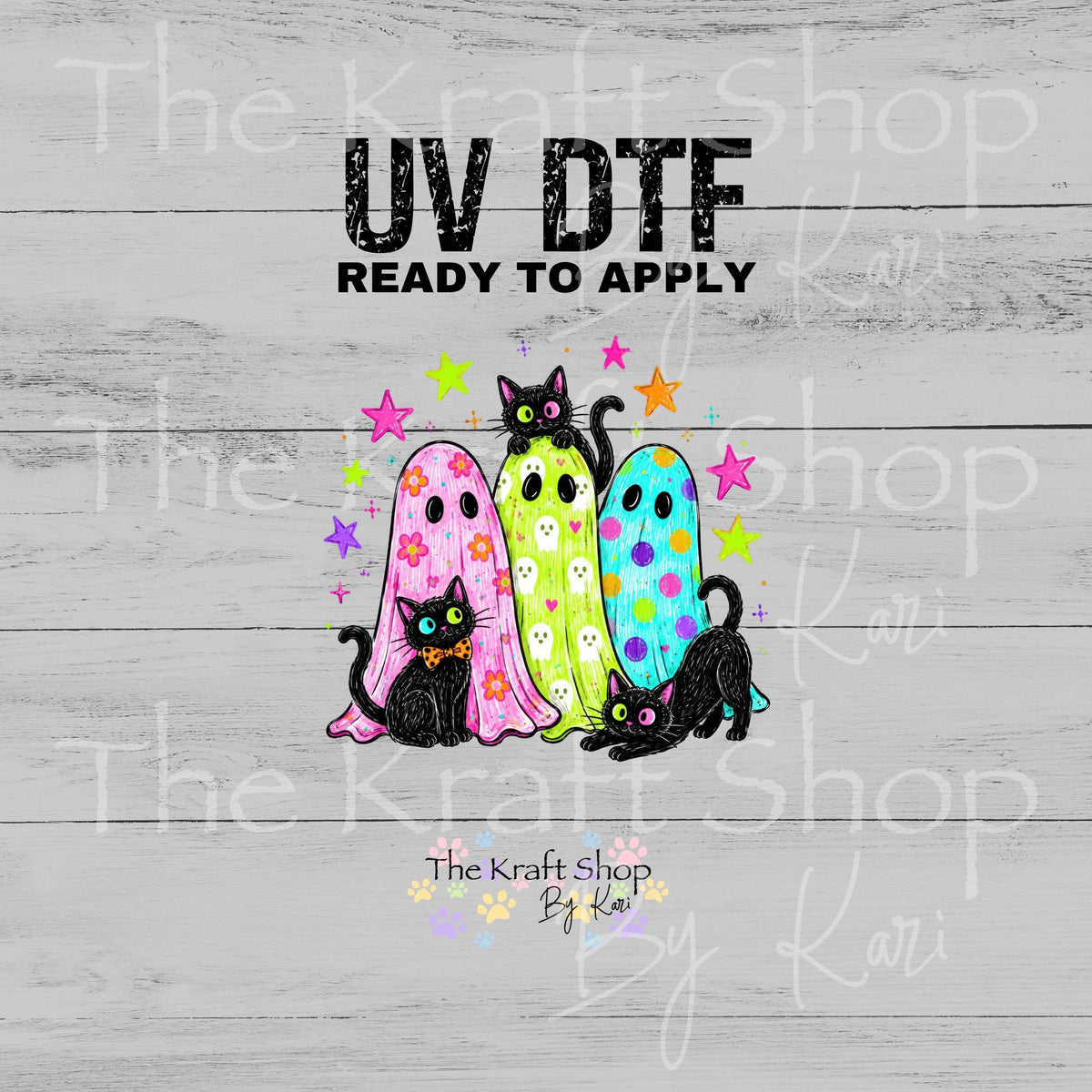 UV DTF Sticker Print. Neon Black Cats And Ghost Trio #7782
