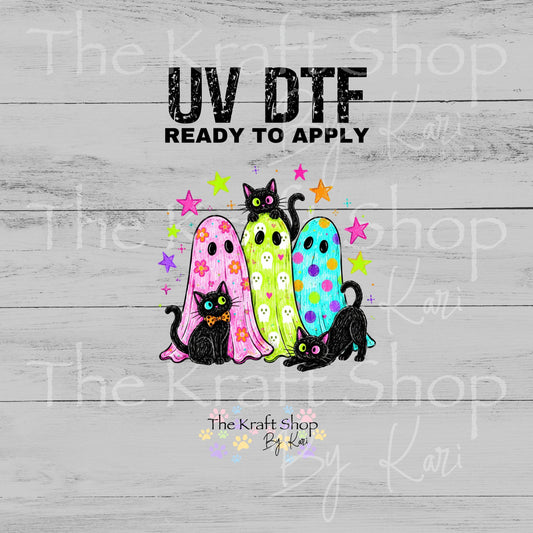 UV DTF Sticker Print. Neon Black Cats And Ghost Trio #7782