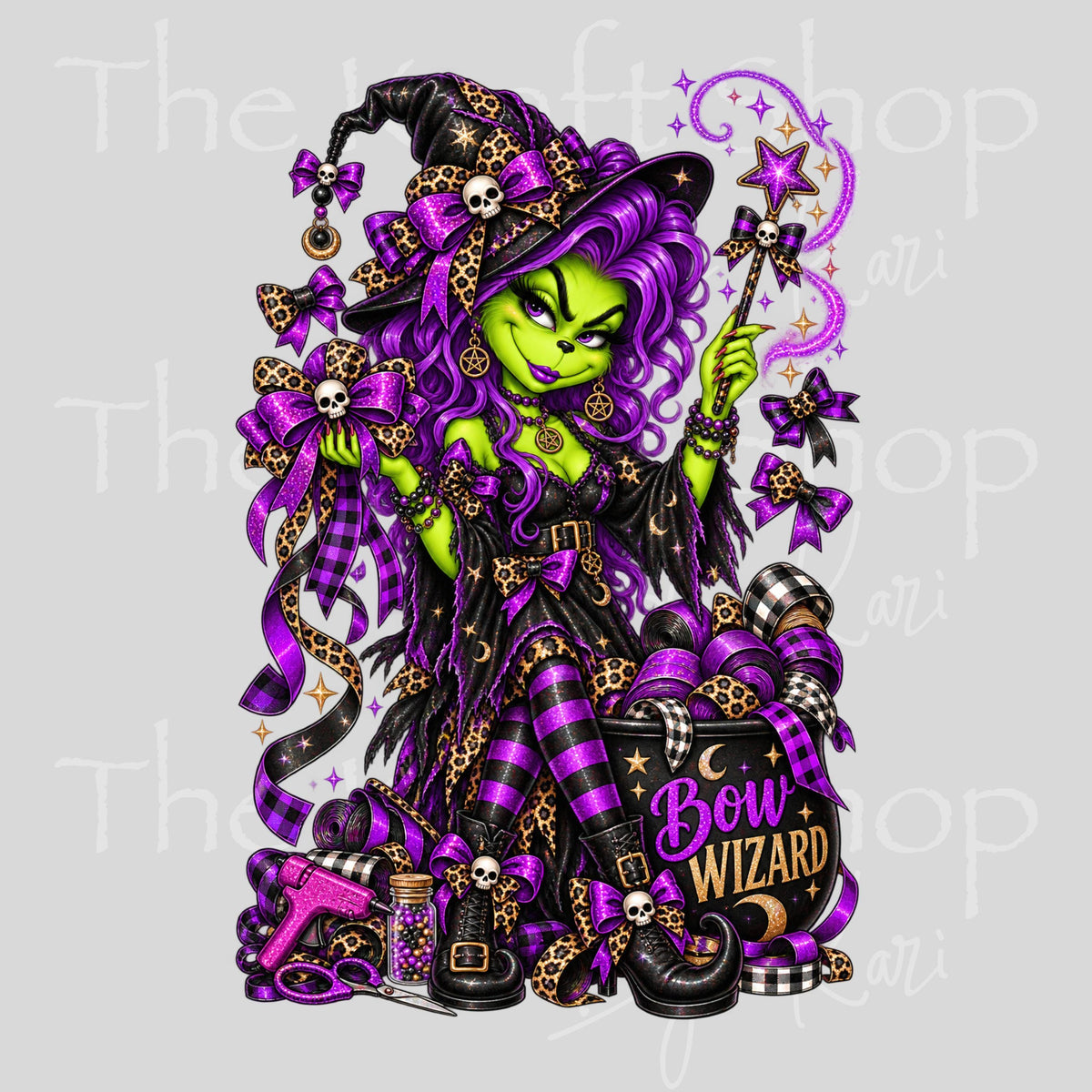 UV DTF Sticker prints. Bow wizard green witch with purple hair Halloween spooky permanent sticker.#7786