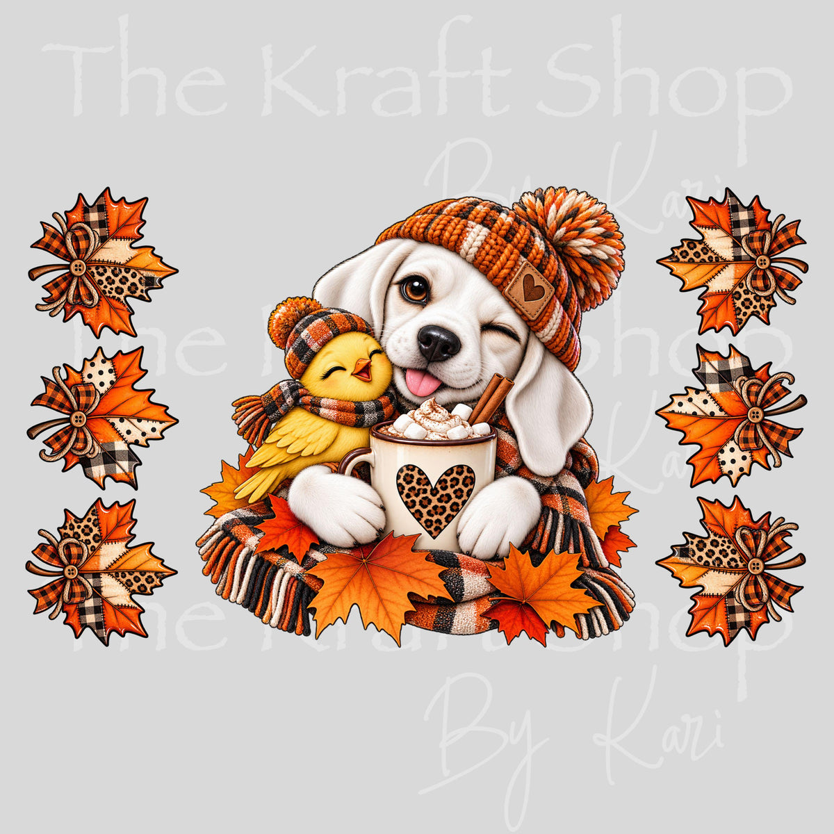 UV DTF Sticker print. Winking Fall Dog and leaves decal, tumbler decal, permanent sticker. #7788