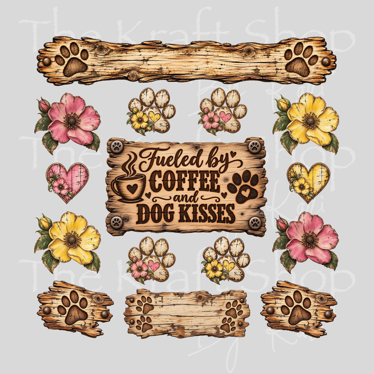 UV DTF Sticker print Fueled by coffee and dog kisses Element sheet 8x8 decal, tumbler decal, permanent sticker. #4825