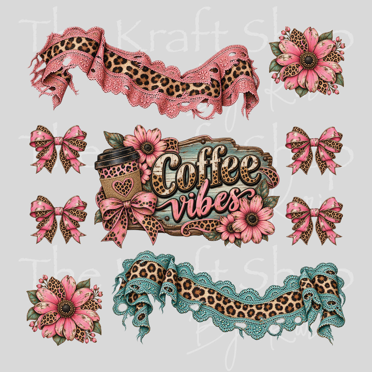 UV DTF Sticker print Pink Lace Coffee Vibes Element sheet 8x8 decal, tumbler decal, permanent sticker. #4826