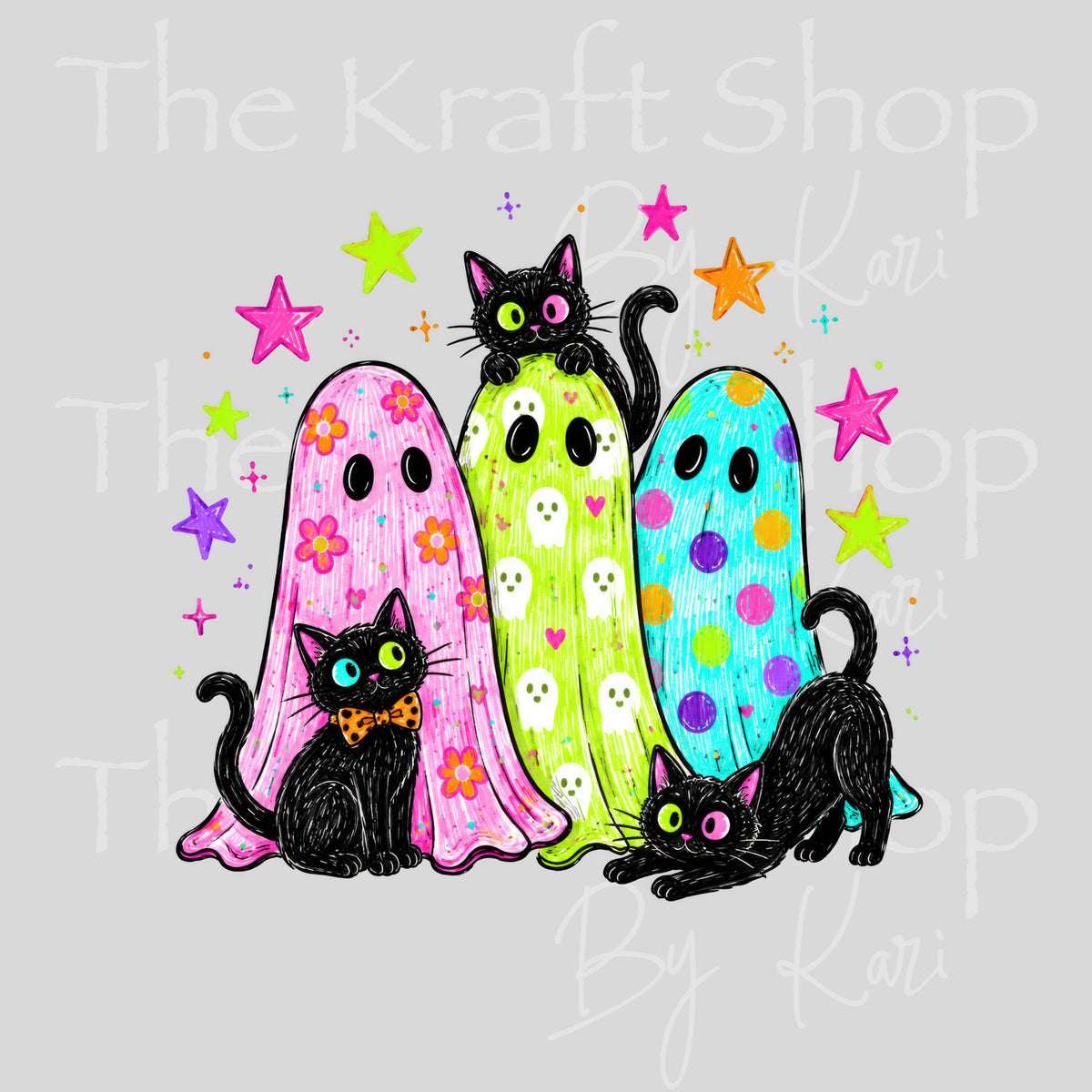 UV DTF Sticker Print. Neon Black Cats And Ghost Trio #7782