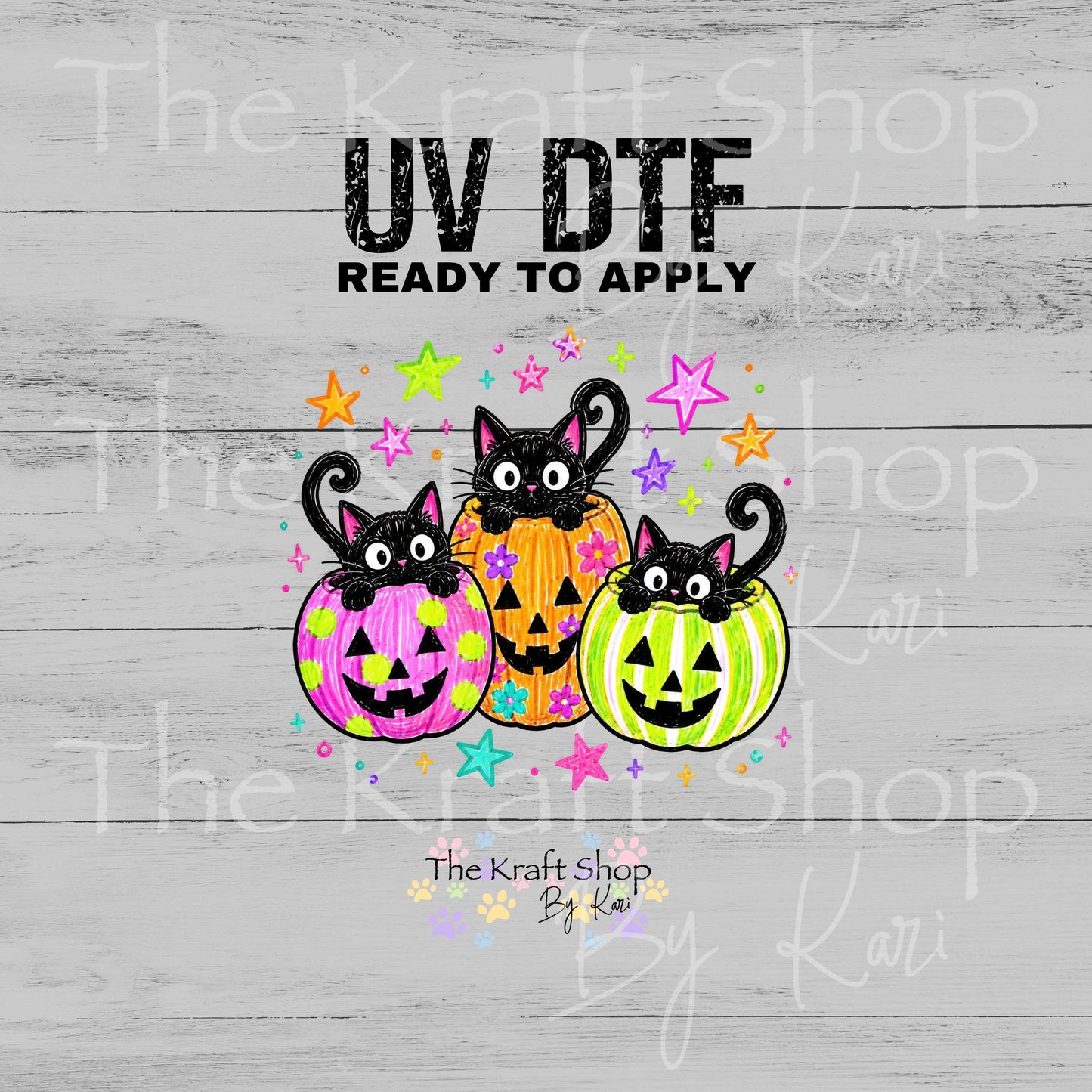 UV DTF Sticker Print. Neon Black Cats Trio In Pumpkins #7783