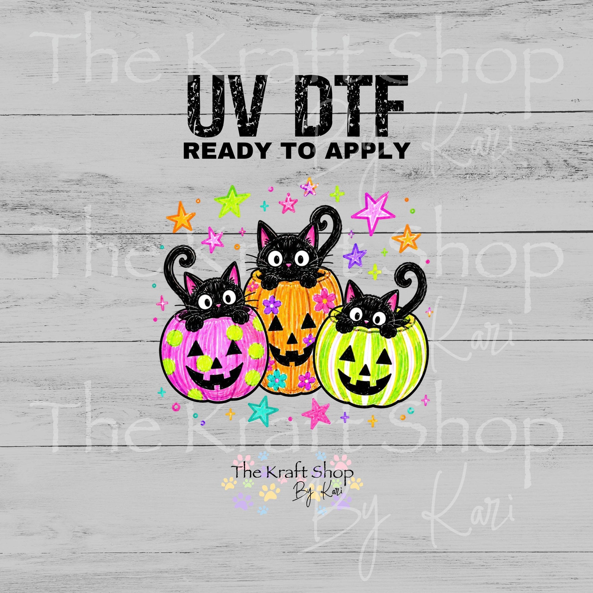 UV DTF Sticker Print. Neon Black Cats Trio In Pumpkins #7783