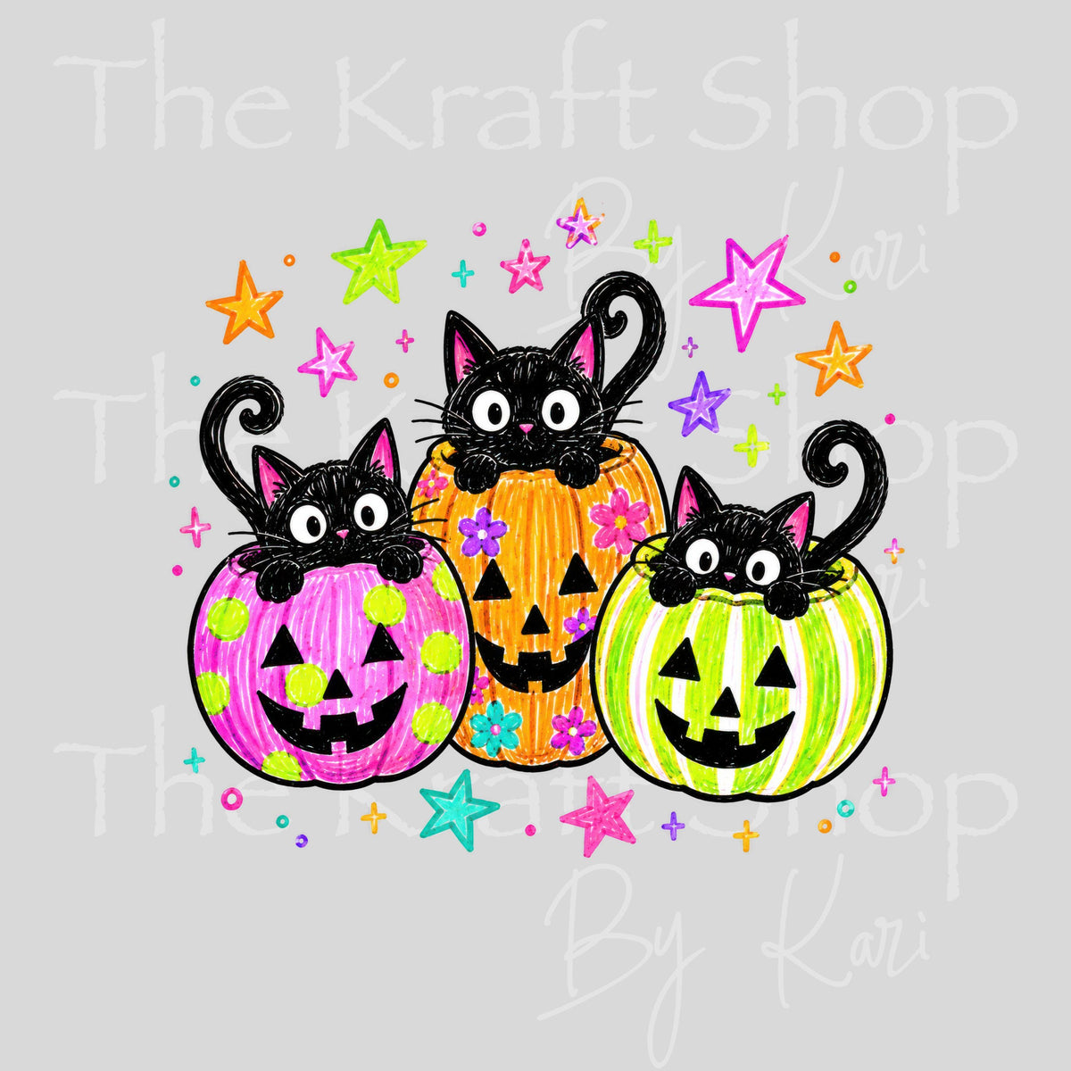 UV DTF Sticker Print. Neon Black Cats Trio In Pumpkins #7783