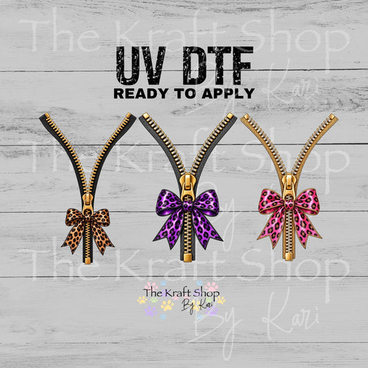 UV DTF Sticker print. Zipper With Leopard Bow decal, tumbler decal, permanent sticker. #10566