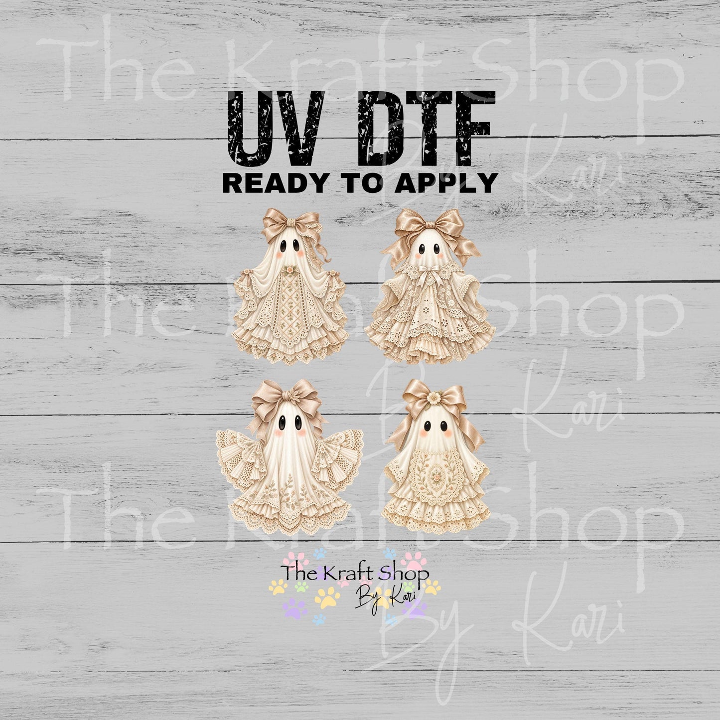 UV DTF Sticker print. Ivory Lace Bow Ghost 4pk of decals, tumbler decal, permanent sticker. #7785