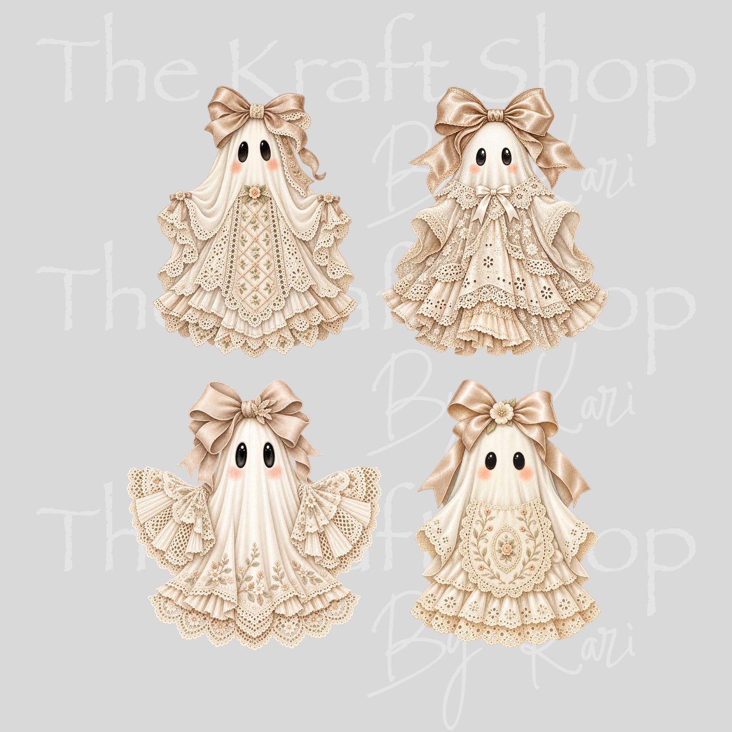 UV DTF Sticker print. Ivory Lace Bow Ghost 4pk of decals, tumbler decal, permanent sticker. #7785