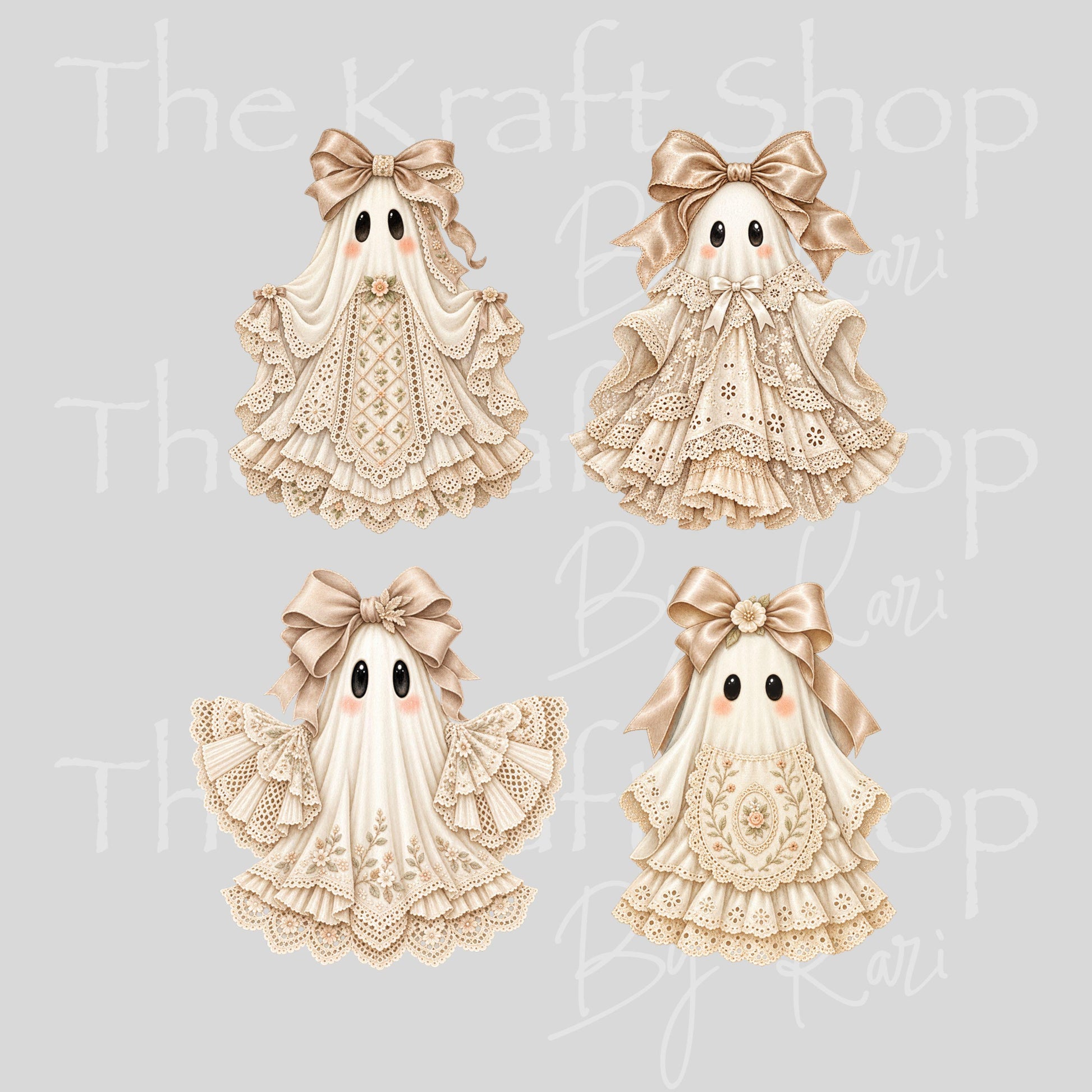 UV DTF Sticker print. Ivory Lace Bow Ghost 4pk of decals, tumbler decal, permanent sticker. #7785