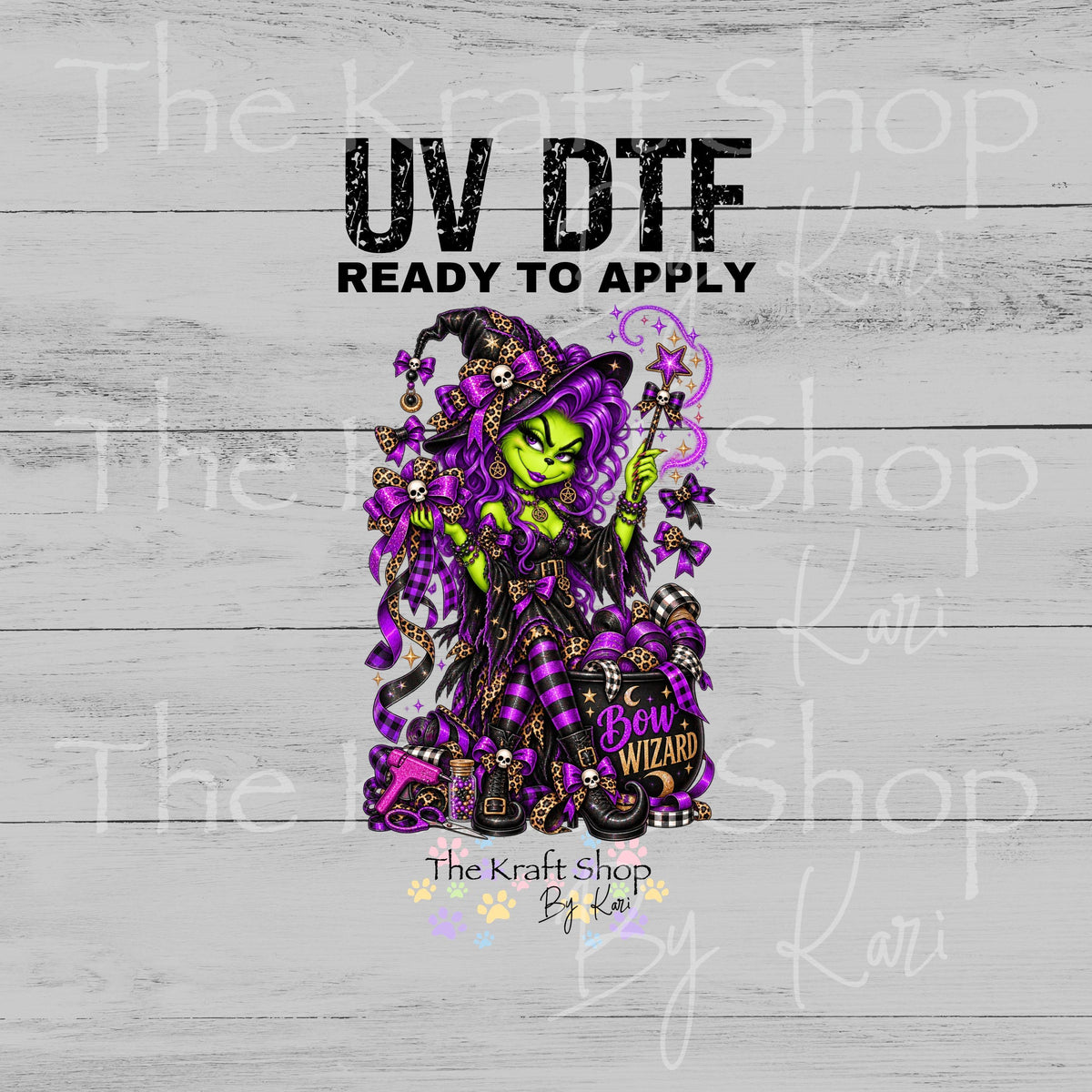 UV DTF Sticker prints. Bow wizard green witch with purple hair Halloween spooky permanent sticker.#7786