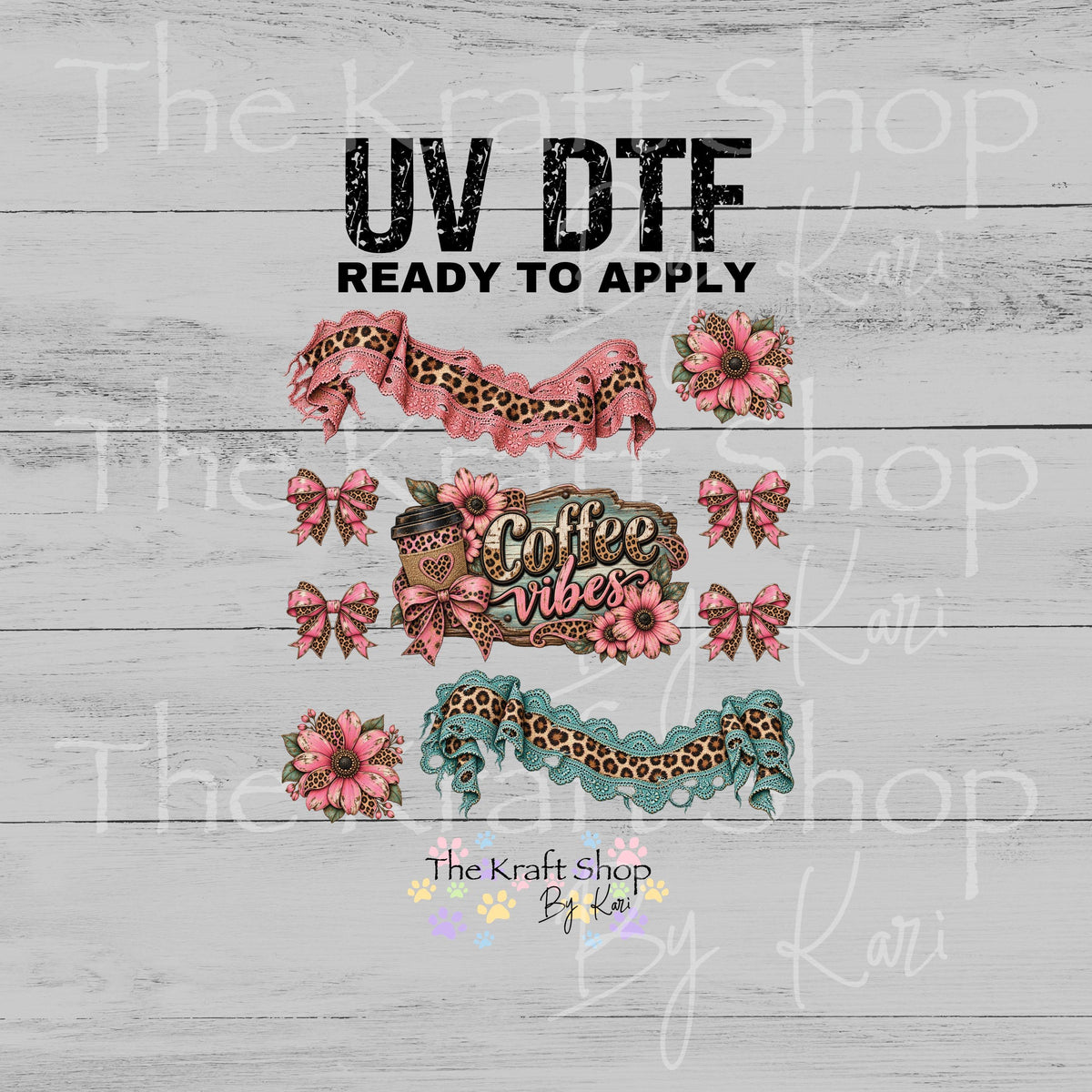 UV DTF Sticker print Pink Lace Coffee Vibes Element sheet 8x8 decal, tumbler decal, permanent sticker. #4826