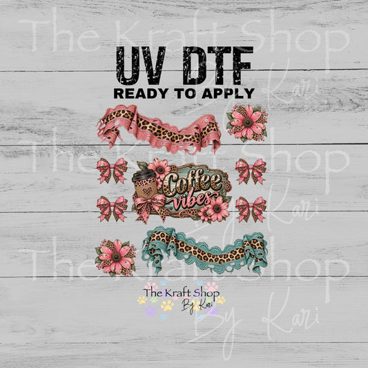 UV DTF Sticker print Pink Lace Coffee Vibes Element sheet 8x8 decal, tumbler decal, permanent sticker. #4826