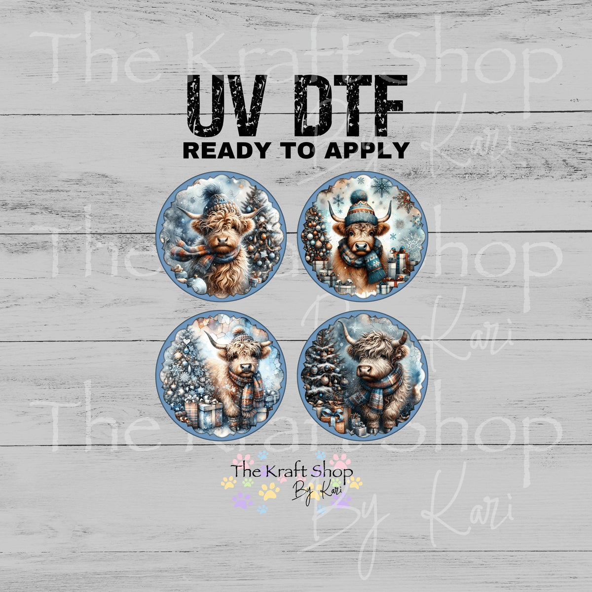 UV DTF Sticker print Blue Christmas Cow 4pk round Christmas Ornament decals #7822