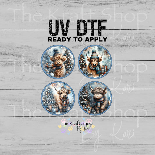 UV DTF Sticker print Blue Christmas Cow 4pk round Christmas Ornament decals #7822