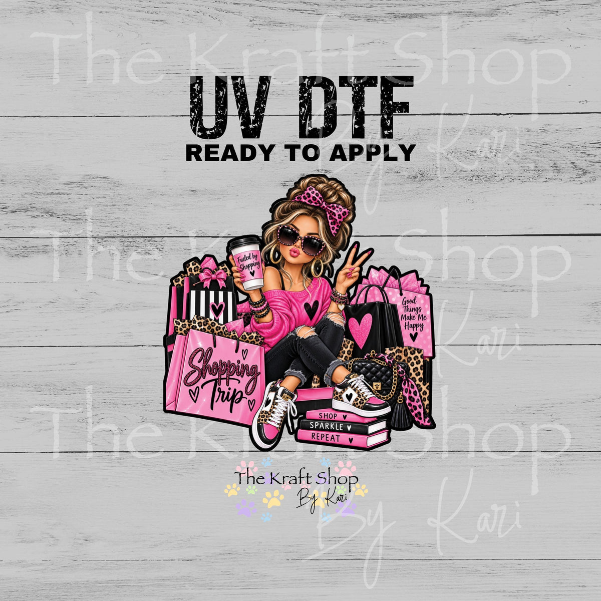 UV DTF Sticker print Shopping Trip Pink Black Leopard Bougie Girl decal, tumbler decal, permanent sticker. #5622