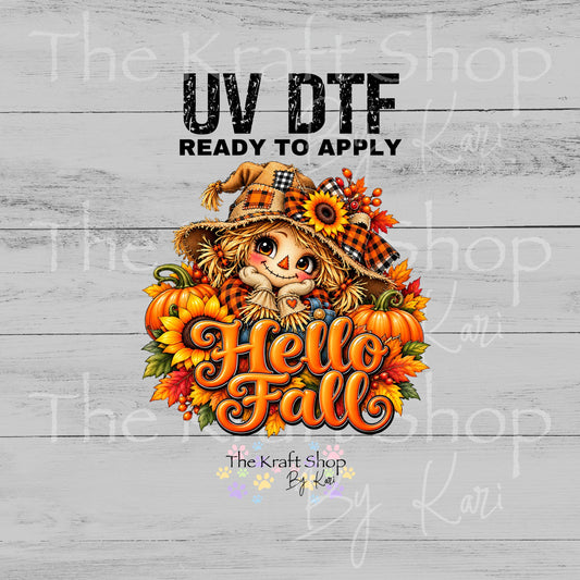 UV DTF Sticker print. Hello Fall Scarecrow decal, tumbler decal, permanent sticker.#7847