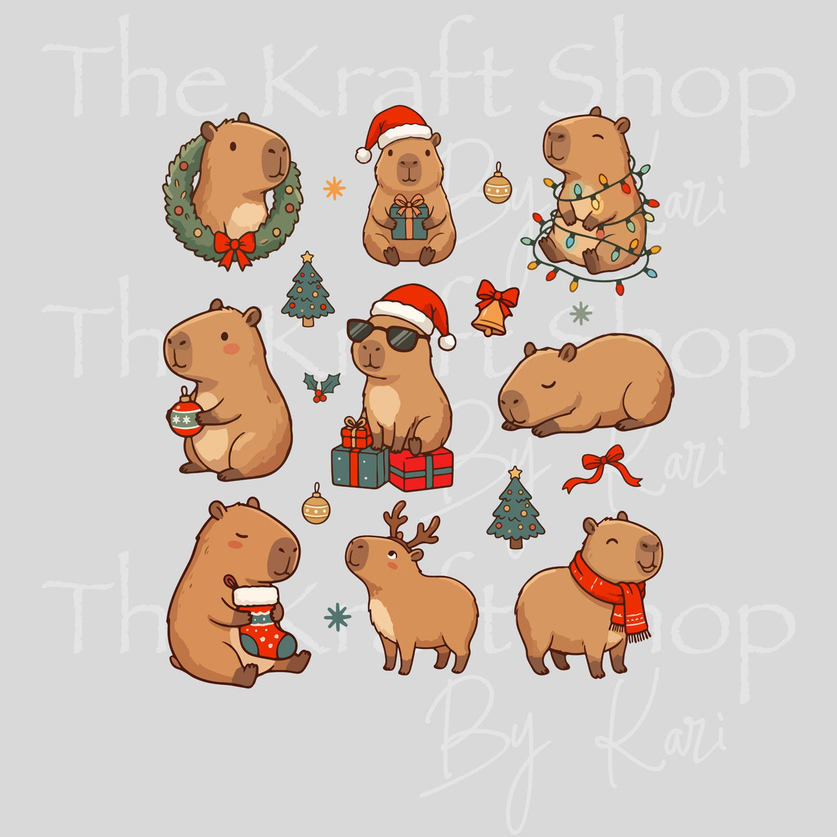UV DTF Xmas Capybara Element sheet 8x7 decal, tumbler decal, permanent sticker. #7794