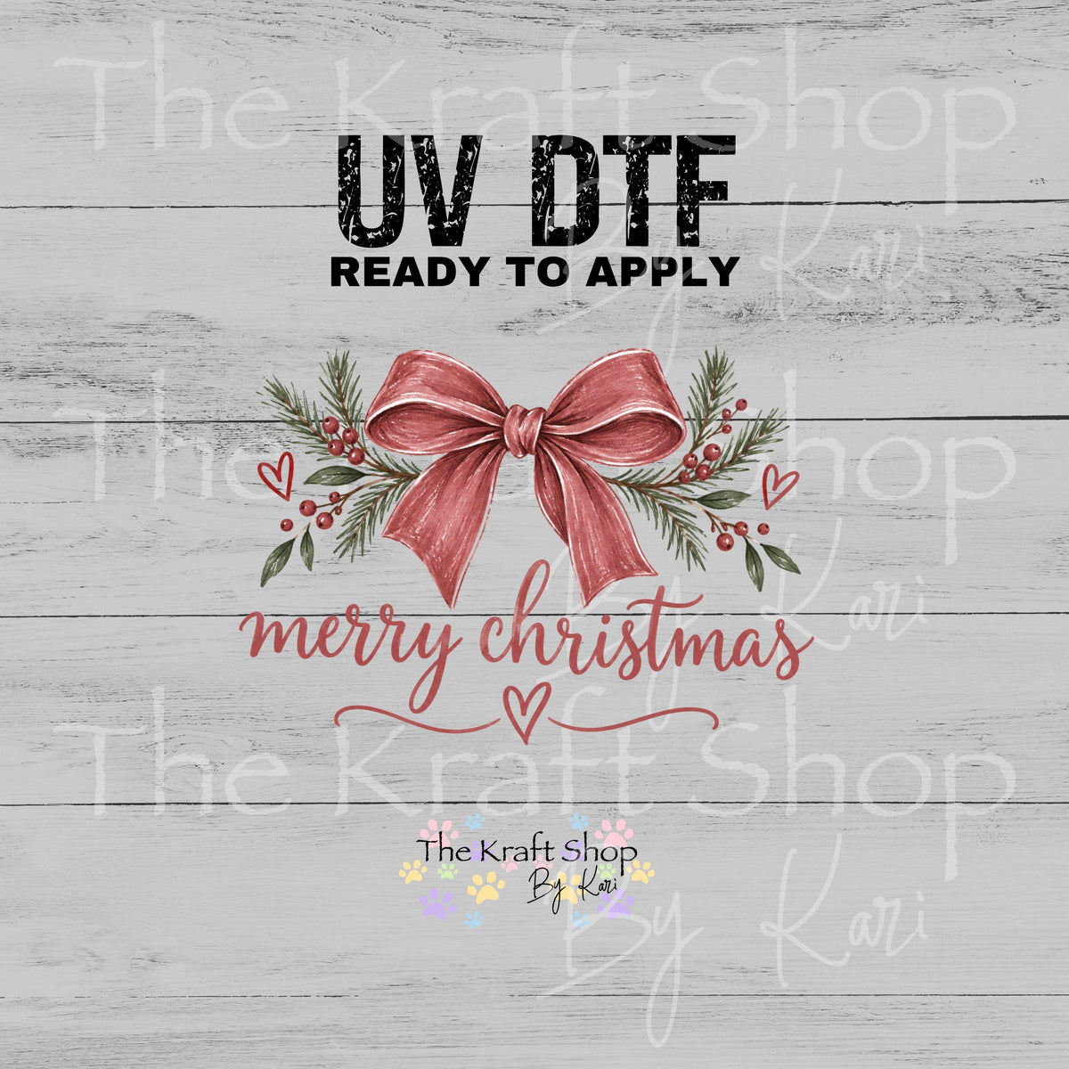 UV DTF Sticker print. Merry Christmas Bow decal, tumbler decal, permanent sticker. UV wrap for glass can tumbler. #7800