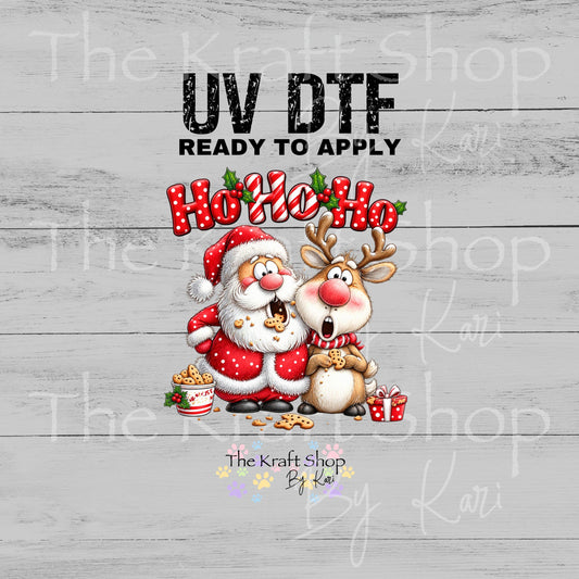 UV DTF Sticker print Ho Ho Ho Santa Reindeer decal, tumbler decal, permanent sticker. #7806