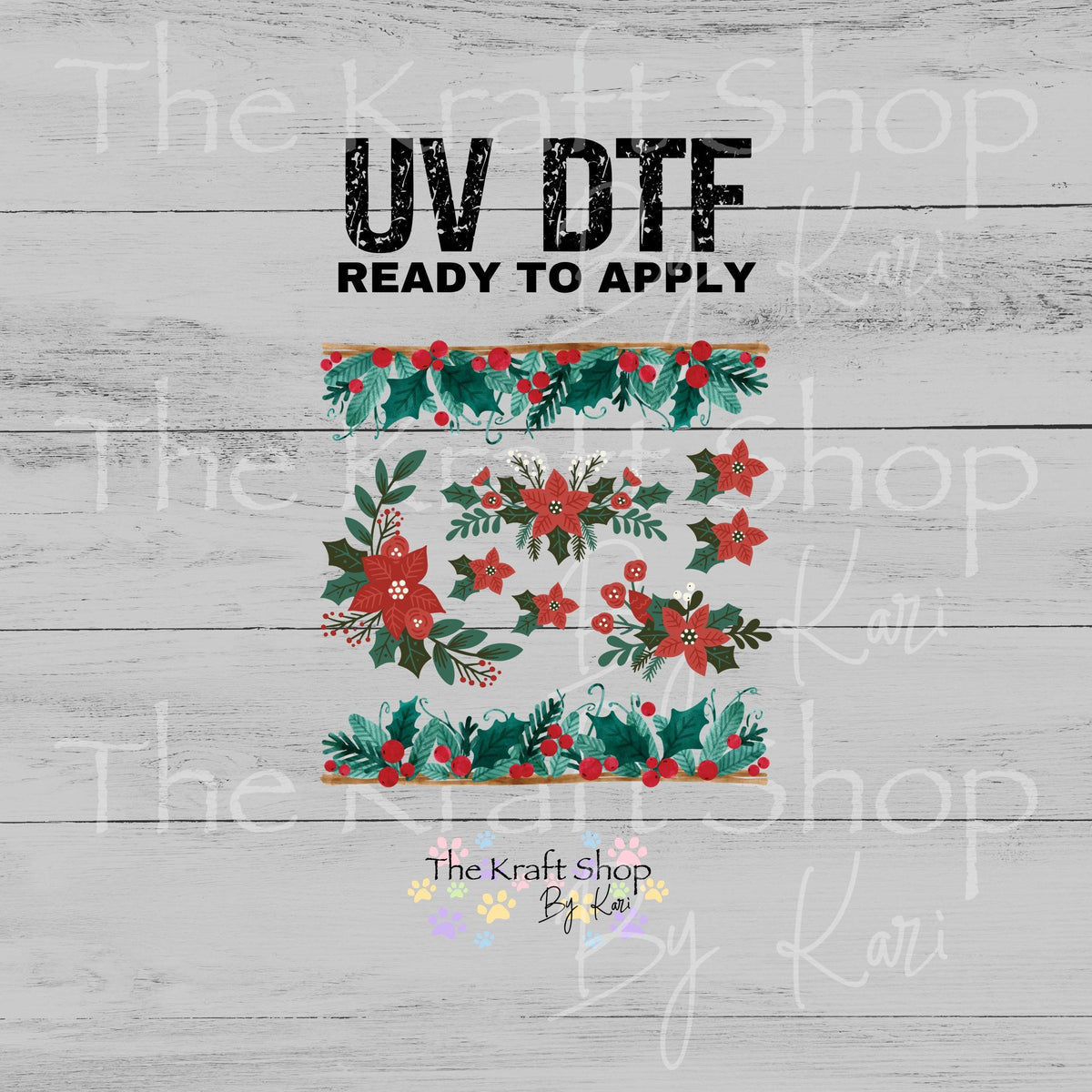 UV DTF Sticker Poinsettia Holly Element sheet 8x8 decal, permanent sticker. #6016