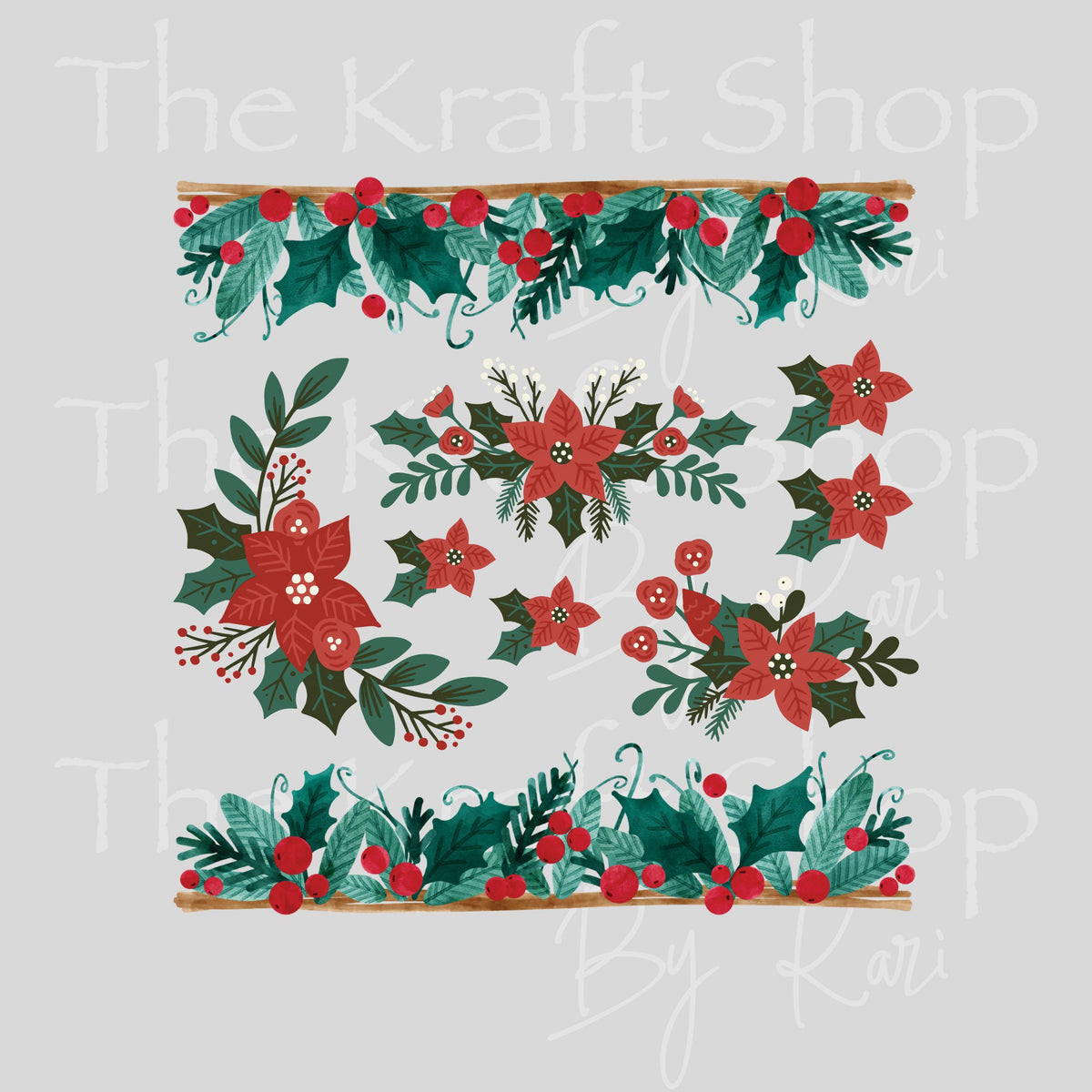 UV DTF Sticker Poinsettia Holly Element sheet 8x8 decal, permanent sticker. #6016
