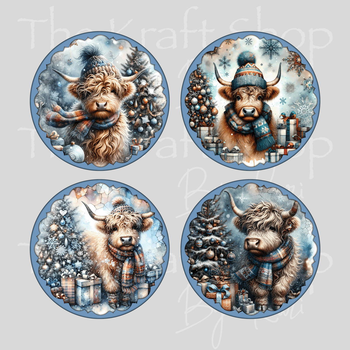 UV DTF Sticker print Blue Christmas Cow 4pk round Christmas Ornament decals #7822