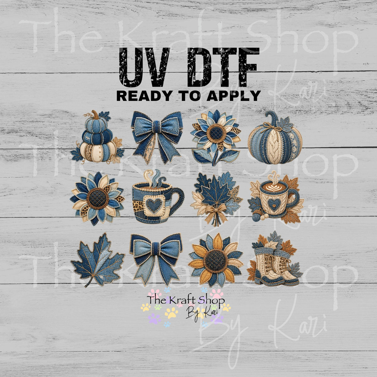 UV DTF Sticker Denim Patchwork Fall Element sheet 8x6 decal, permanent sticker. #2043