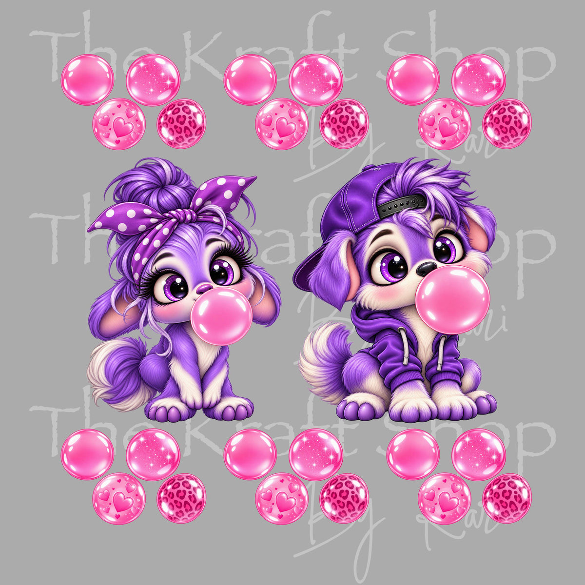 UV DTF Sticker Purple Dogs Blowing Bubbles Element sheet 6x6 decal, permanent sticker. #2053