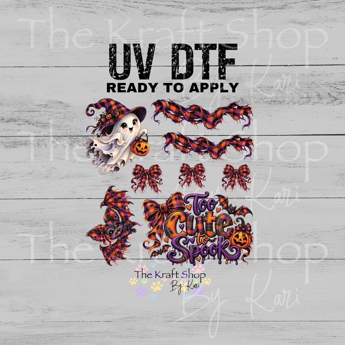 UV DTF Too cute to spook ghost Element sheet 8x8 decal, tumbler decal, permanent sticker. #7838