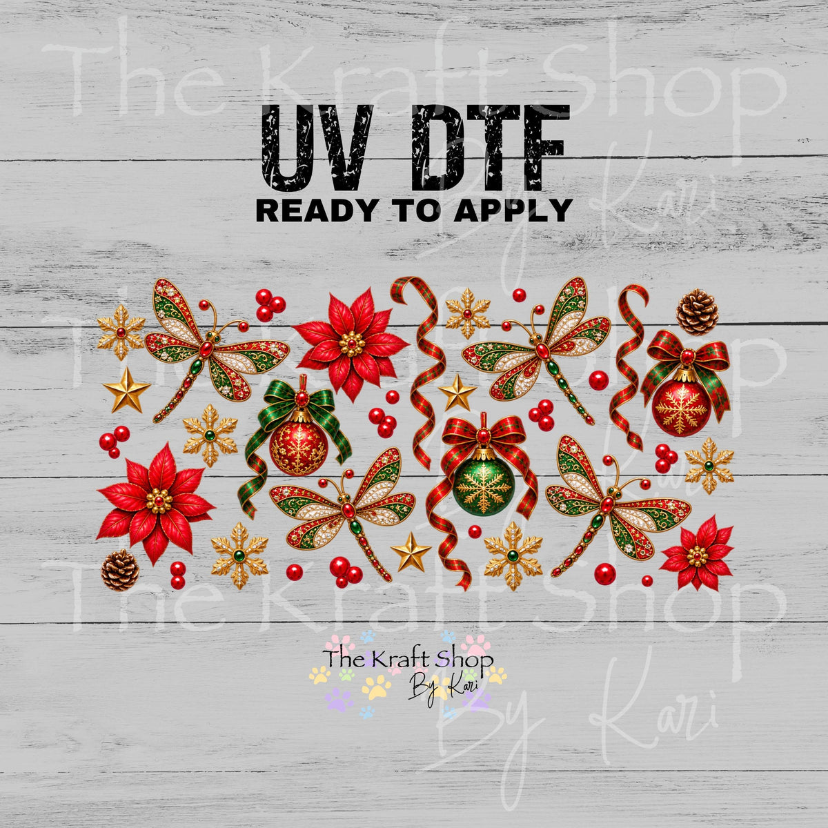 UV DTF Sticker print. Christmas dragonfly wrap Element sheet decal, tumbler decal, permanent sticker.#7849