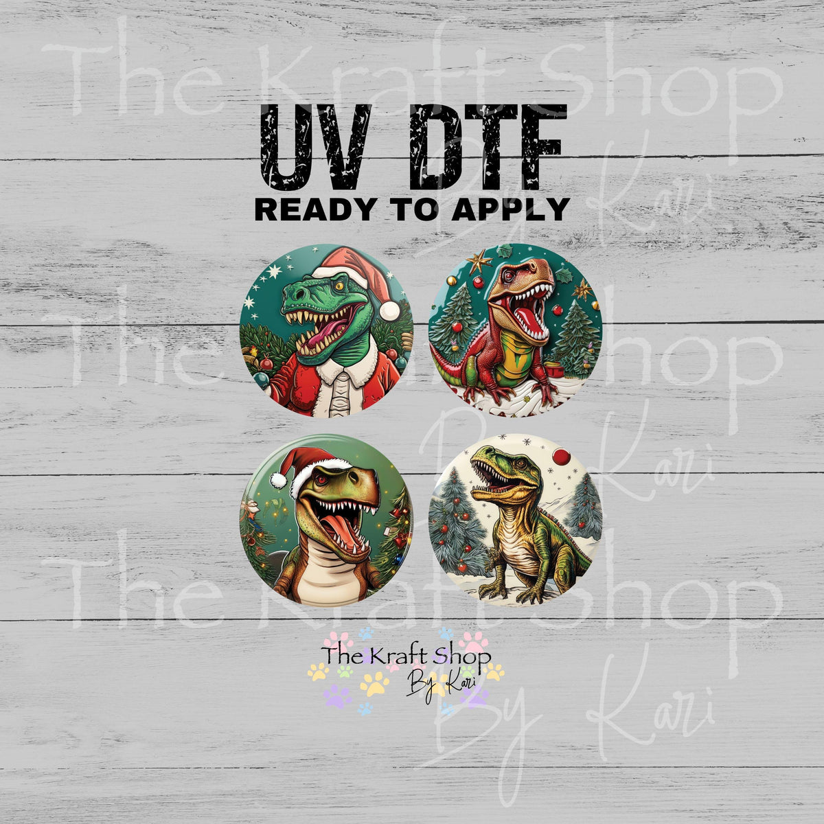 UV DTF Sticker print Christmas Dinosaur 4pk round Christmas Ornament decals #6024