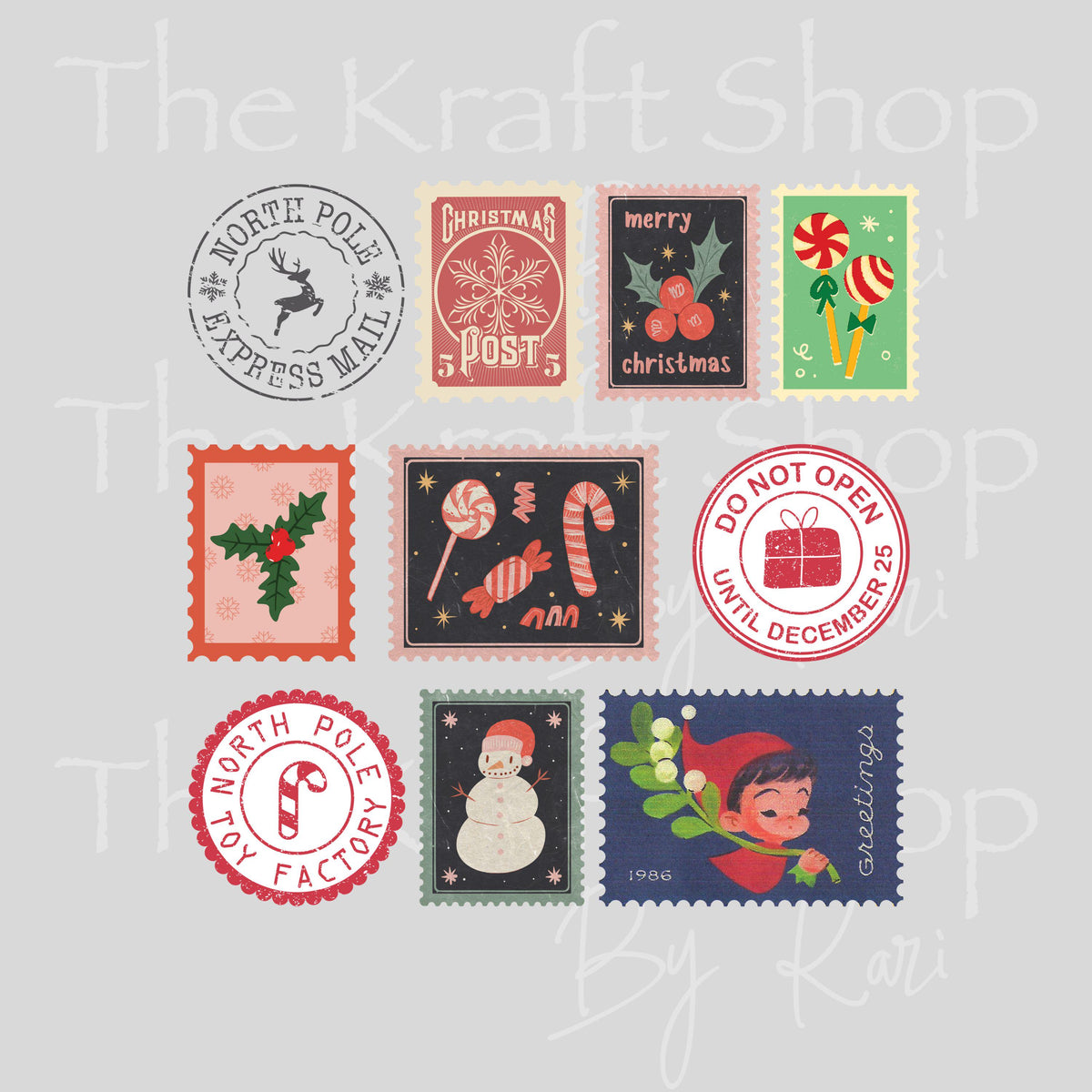 UV DTF Sticker Vintage Christmas Stamps Element sheet 6x6 decal, permanent sticker. #6017