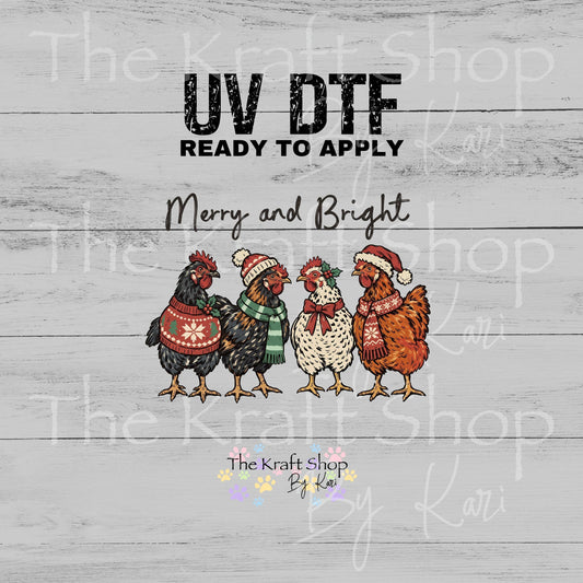 UV DTF Merry And Bright Chickens decal, tumbler decal, permanent sticker. #6060