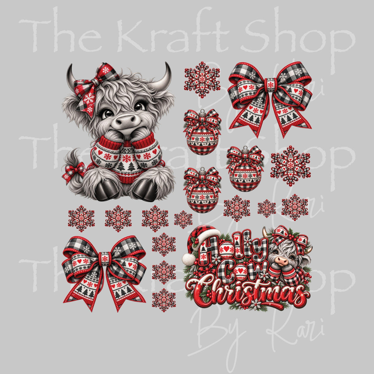 UV DTF Grey Scale Christmas Cow Elements mixed media bundle of decals sheet 8x8 decal #6032
