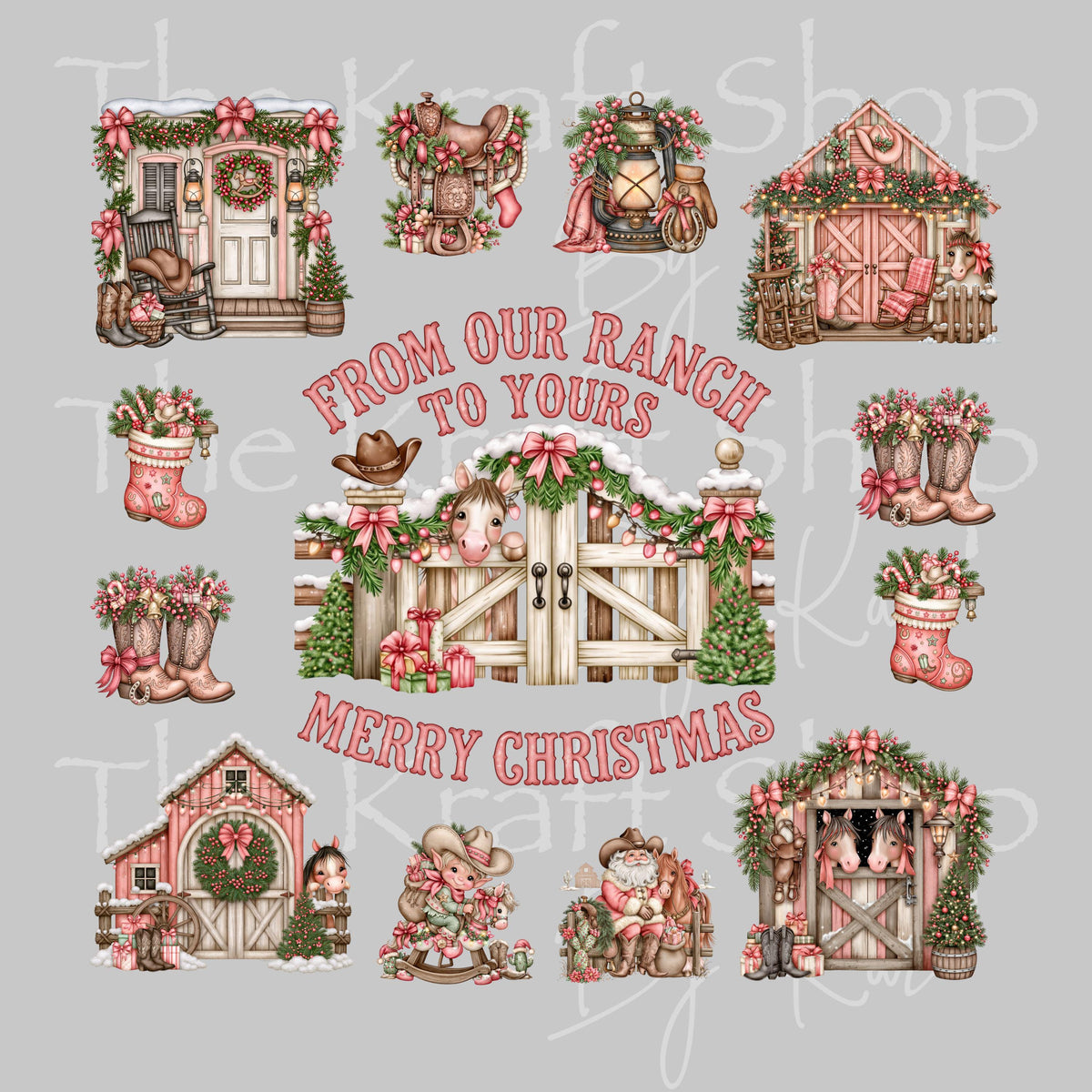 UV DTF Sticker print From Our Ranch To Yours Pink Christmas mixed media sheet 8x8 decal #6085