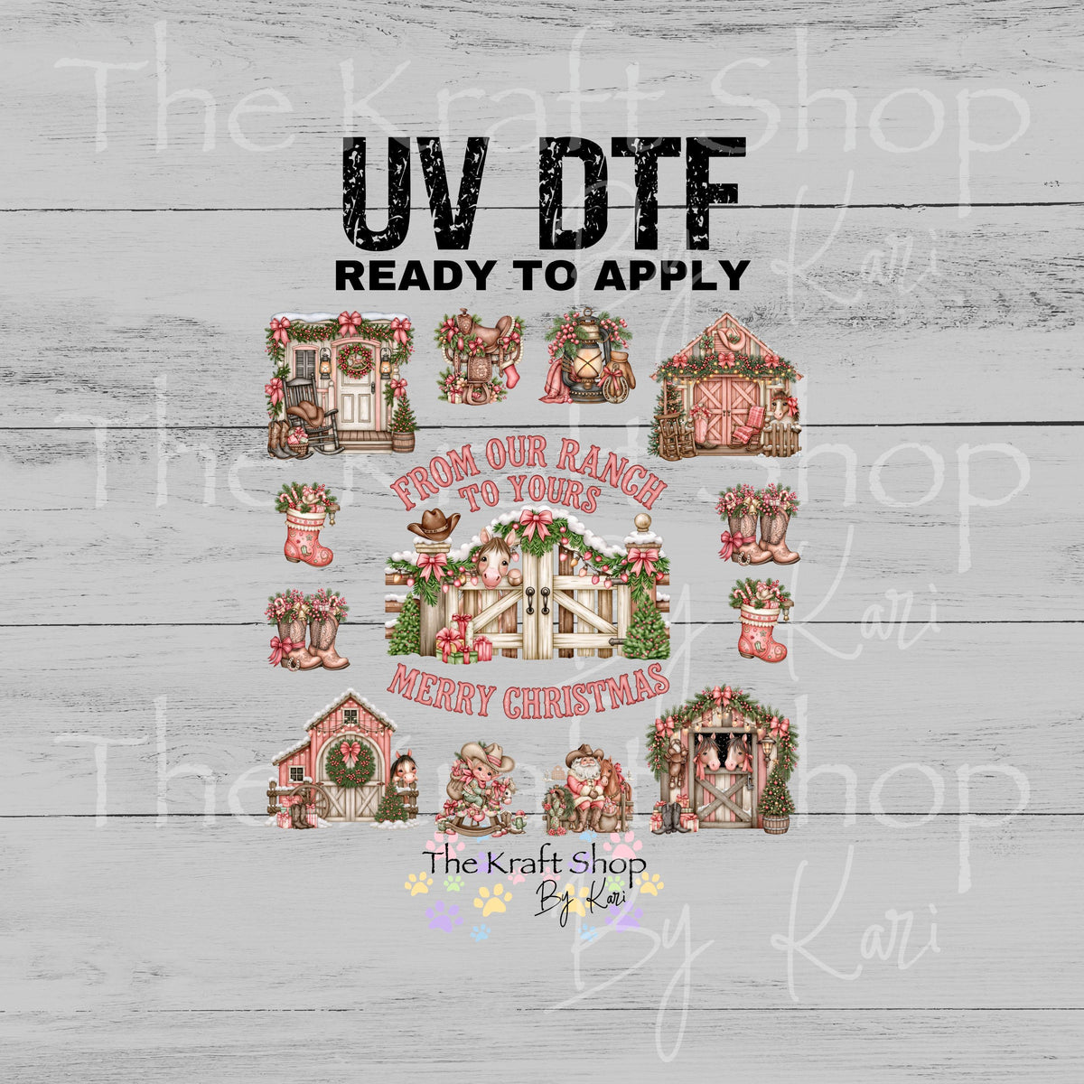 UV DTF Sticker print From Our Ranch To Yours Pink Christmas mixed media sheet 8x8 decal #6085