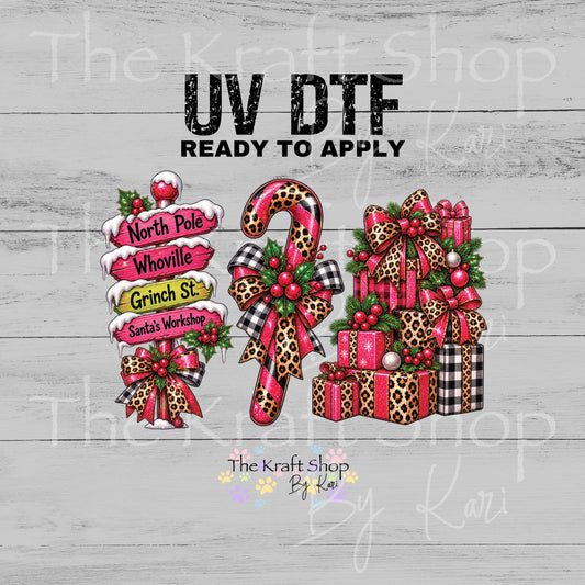 UV DTF sticker print Pink Leopard Christmas sign candy cane presents decal. #6007