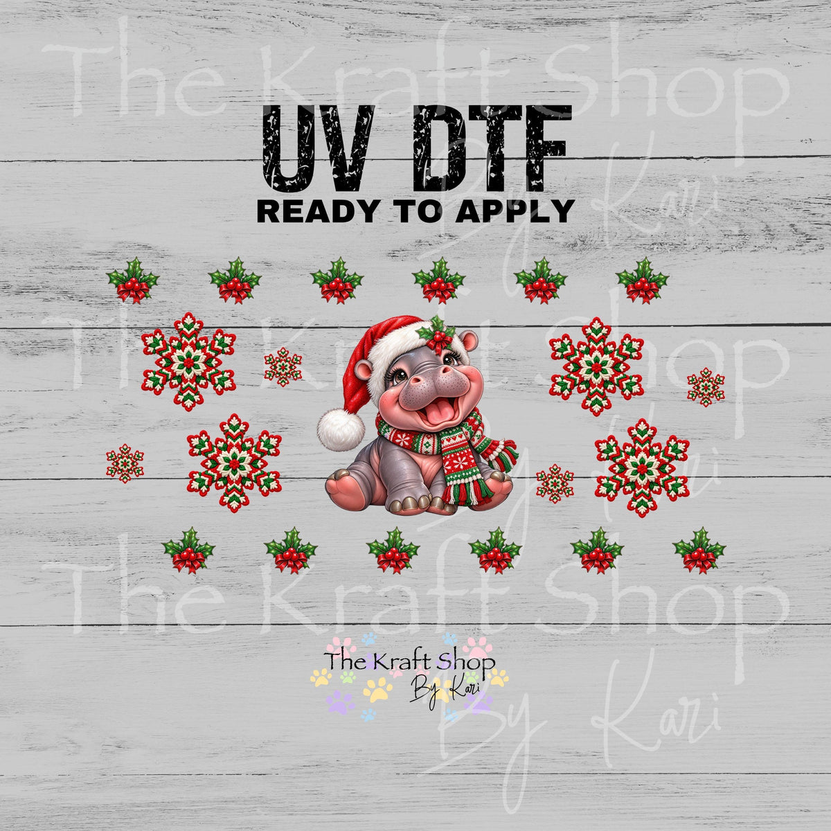UV DTF sticker print Christmas Hippo Wrap decal, tumbler decal, permanent sticker. UV wrap for glass can tumbler. #6078