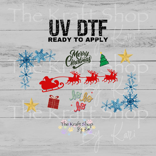 UV DTF sticker print Santa Sleigh Christmas Wrap decal, tumbler decal, permanent sticker. UV wrap for glass can tumbler. #6079