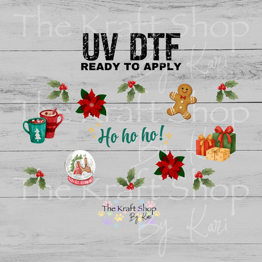 UV DTF sticker print Ho Ho Ho Gingerbread Christmas Wrap, tumbler decal, permanent sticker. UV wrap for glass can tumbler. #6082